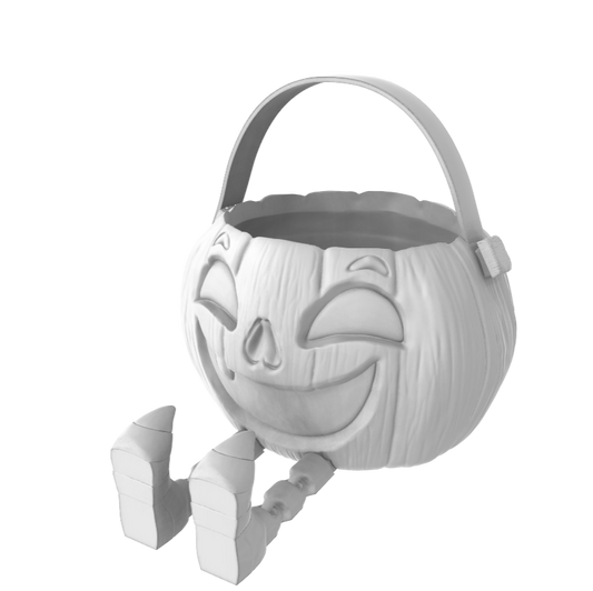 Gray candy bucket with a smiling face on a white background